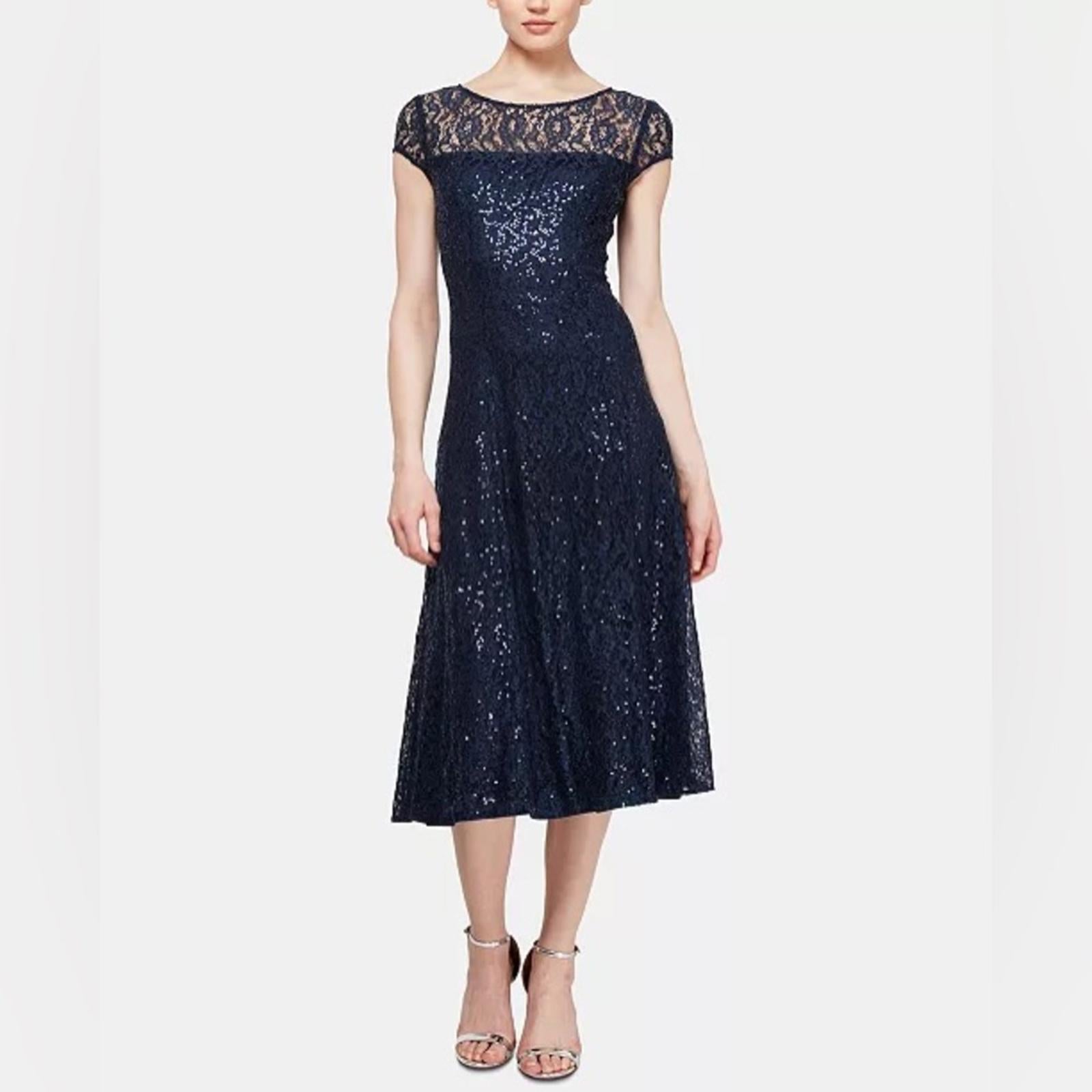 SL Fashions Sequined Lace Midi Dress in Navy, NWT, Size 16