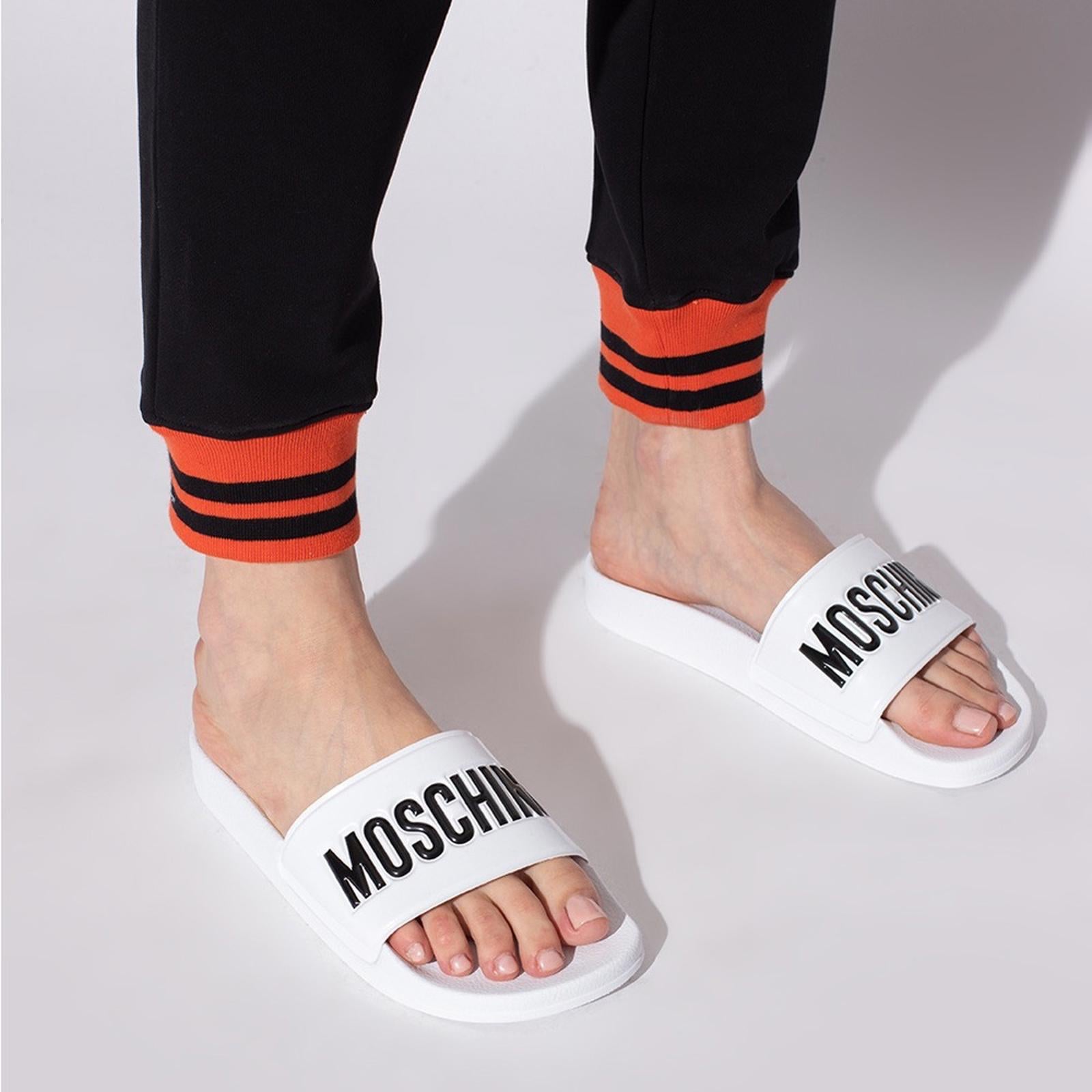 MOSCHINO Logo Slide Sandals in White, Size 38 New in Box