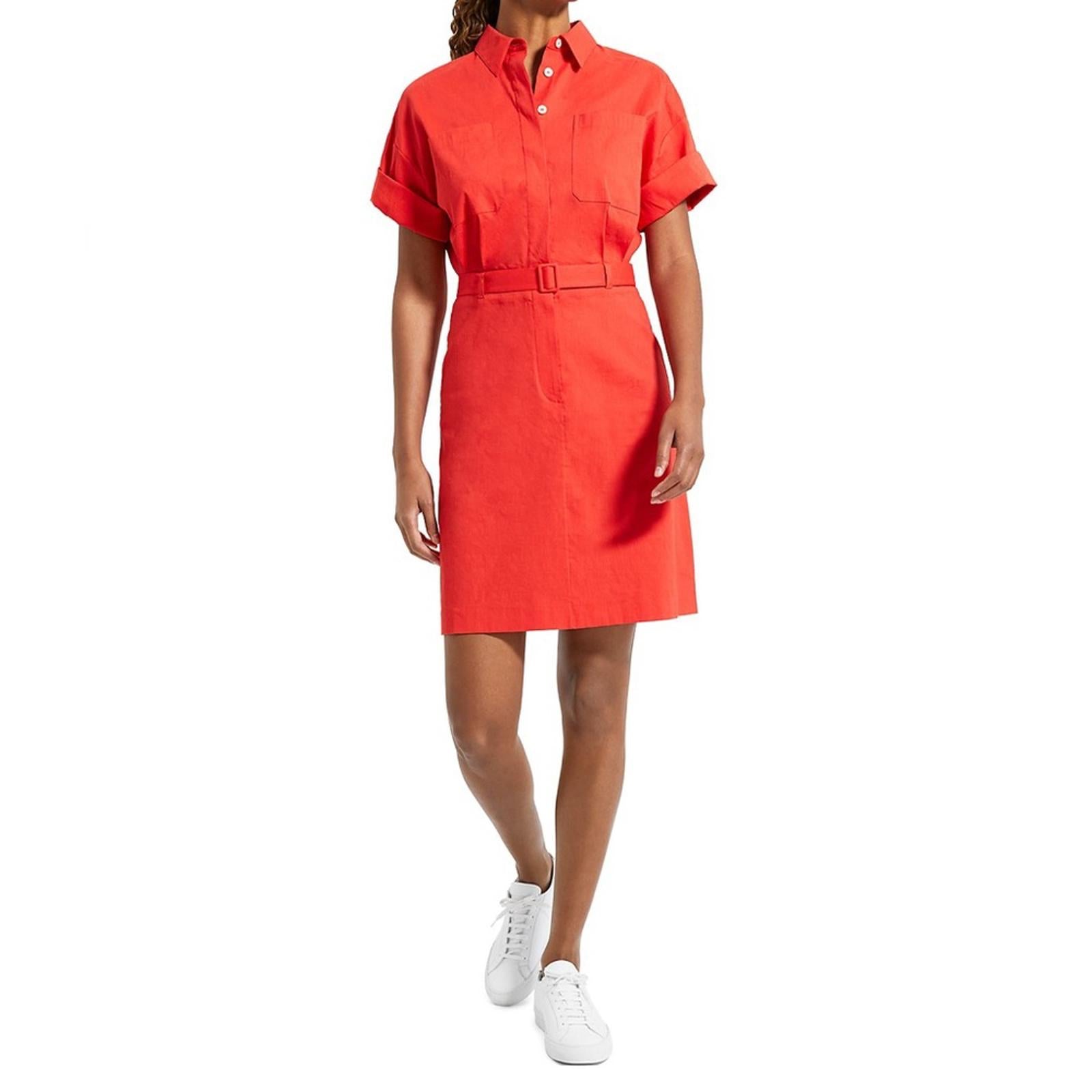 Theory Linen-Blend Eco Crunch Belted Casual Shirt Dress Poppy Red, NWT, Size 4