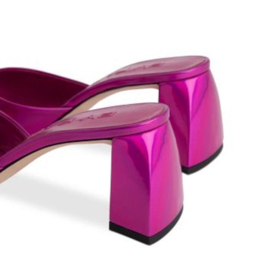 BY FAR Romy Lac Square Toe Block Heel Sandals Iridescent Fuchsia Size 37 NWT