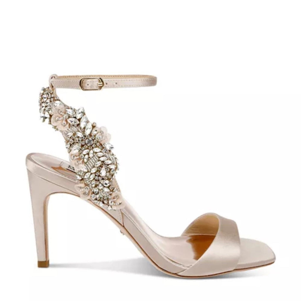 Badgley Mischka Tisha Embellished Heeled Sandals in Nude Satin, Size 8 NEW $245