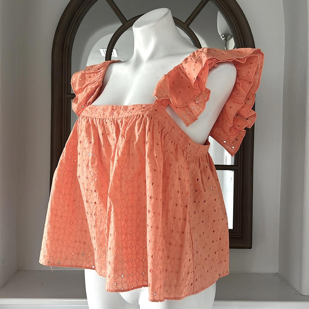 Katharine Kidd Double Ruffle Square Neck Sleeves Top, Peach Size M New w/Tag