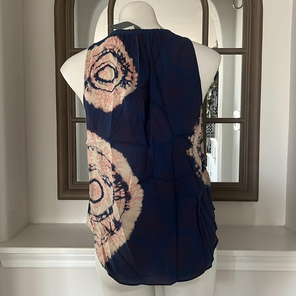 Raquel Allegra Voile Block Print Shirred Sleeveless Top, Blue/Red Size 0 $132.50