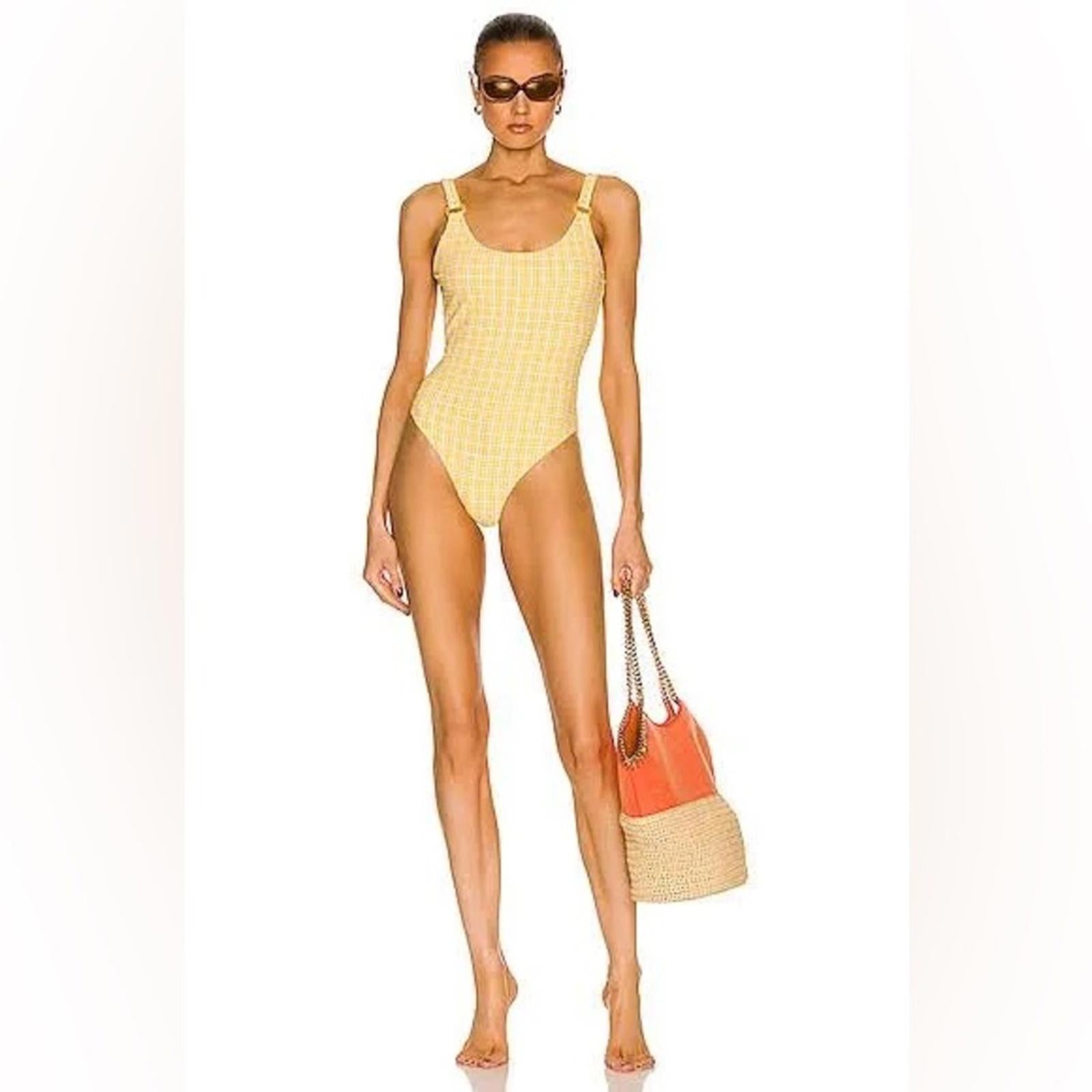 Jonathan Simkhai Rosabel Seersucker Swimsuit, Plaid Daffodil, Size L NWT $275