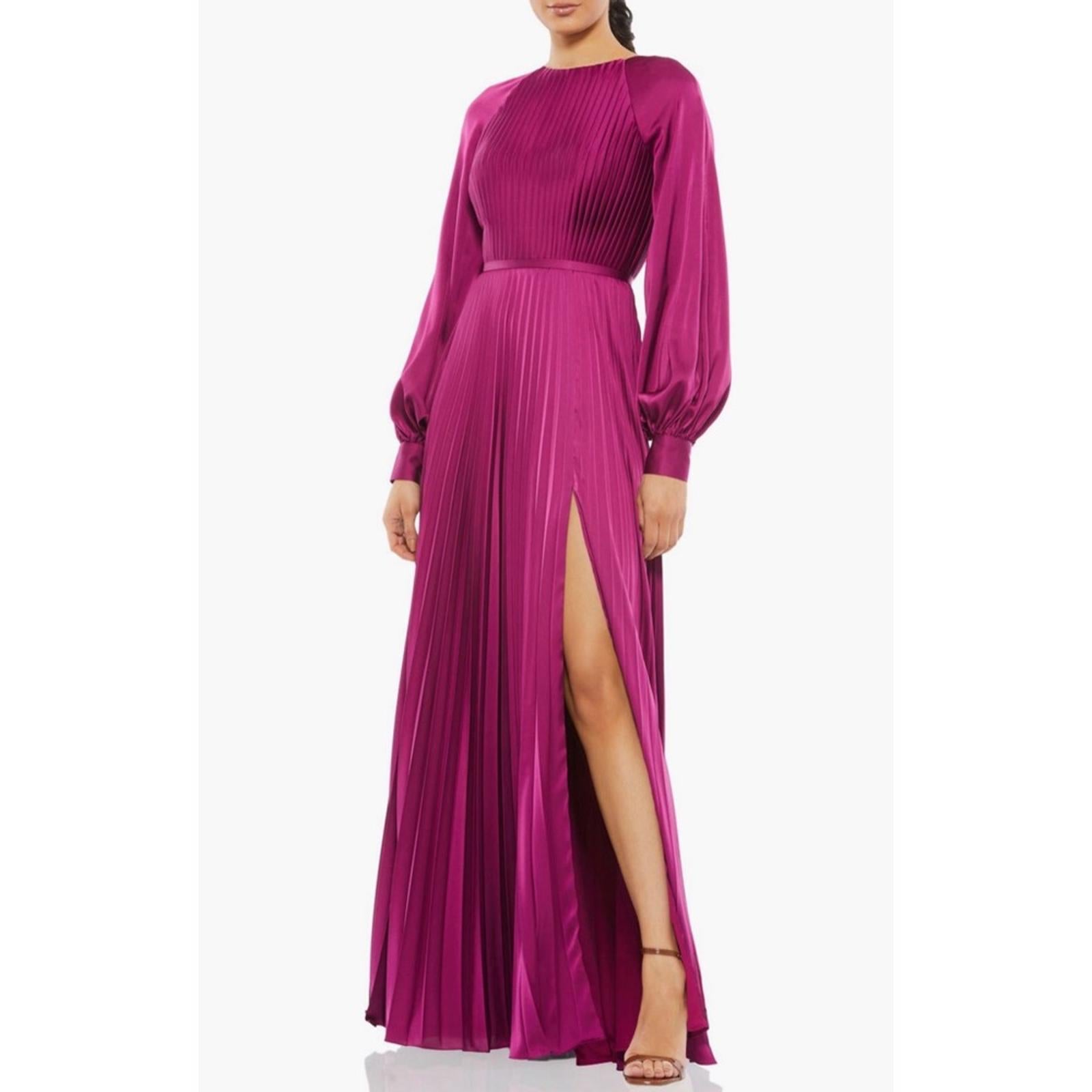 Mac Duggal IEENA Pleated Long Sleeve Satin Gown, Purple Size 8 New w/Tag $498