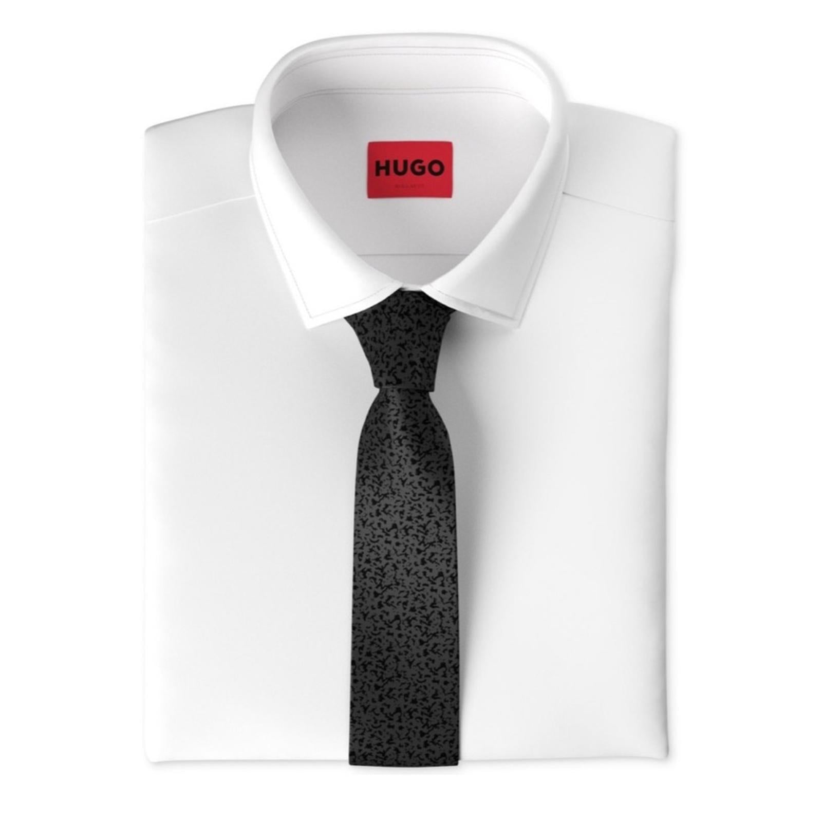 HUGO Men's Silk Jacquard Slim Tie in Dark Grey, One Size, New with Tag