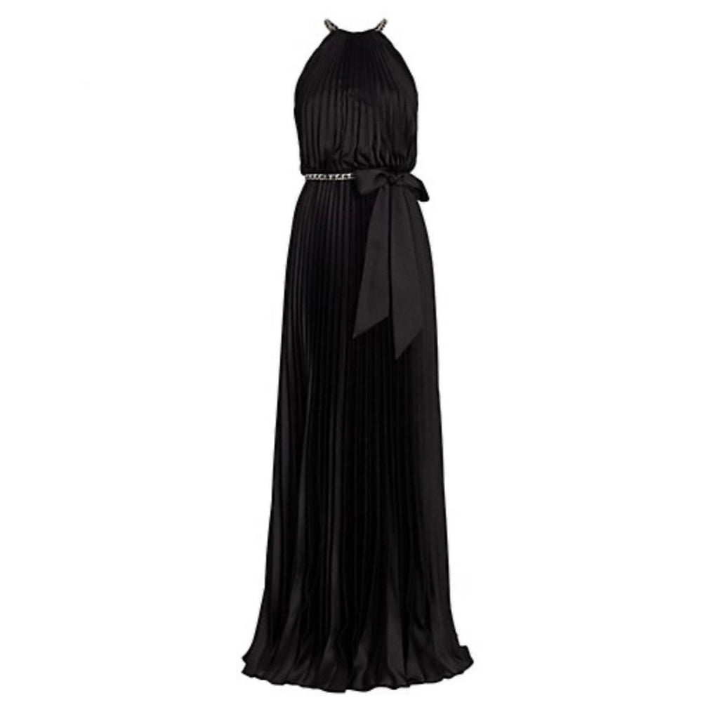 ML Monique Lhuillier Satin Chain-Link Belt Pleated Gown, Black Size 8 NWT $695