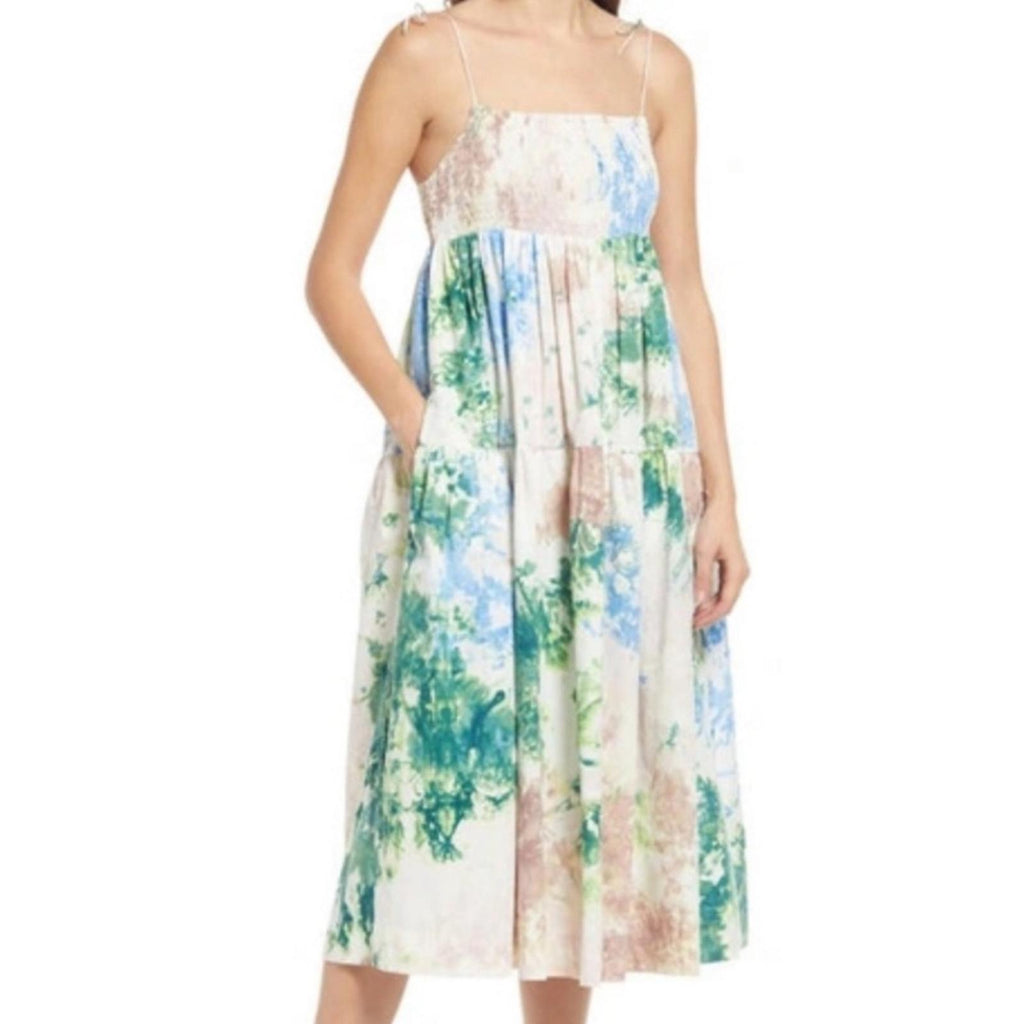 S/W/F Anthropologie Shirred Midi Dress in Skyline, Size S New w/Tag Retail $329