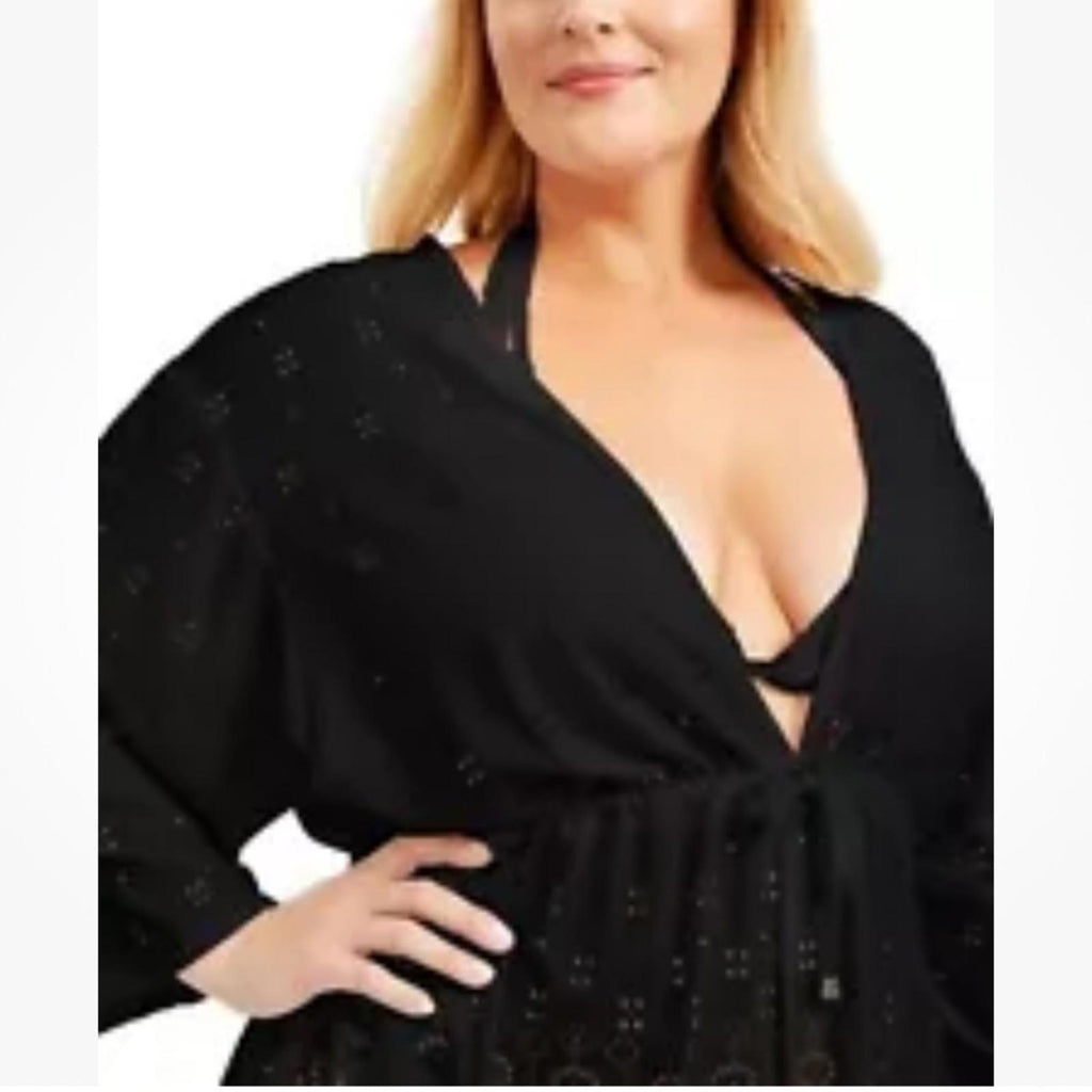 Dotti Solid Plunge Neck Swimsuit Cover-Up in Black, Plus Size 1X NEW w/Tag
