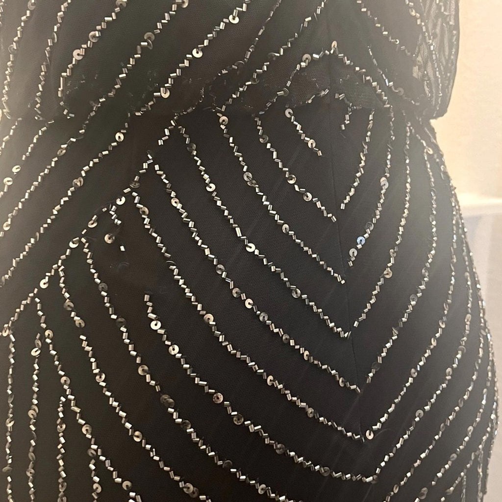 Adrianna Papell Art Deco Beaded Blouson Gown, Navy w/Silver Sequins Size 4