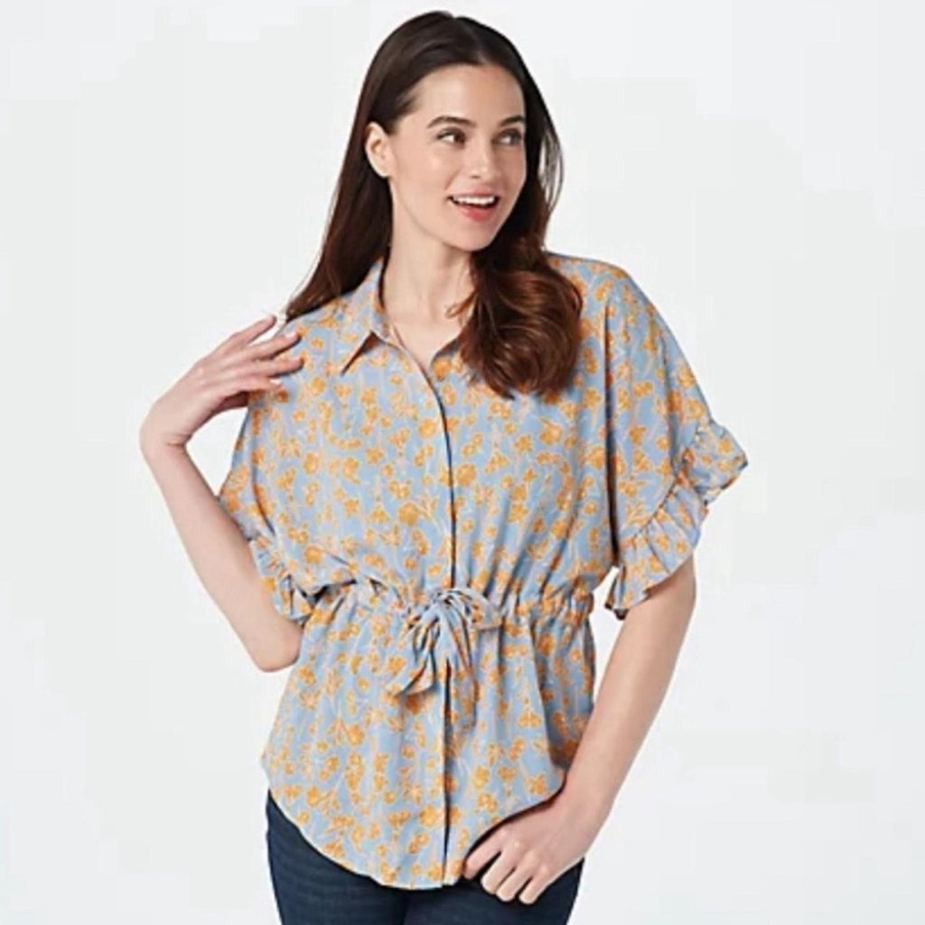 Bishop+Young Blue w/Orange Floral Drawstring Blouse Size M NWT in Packaging