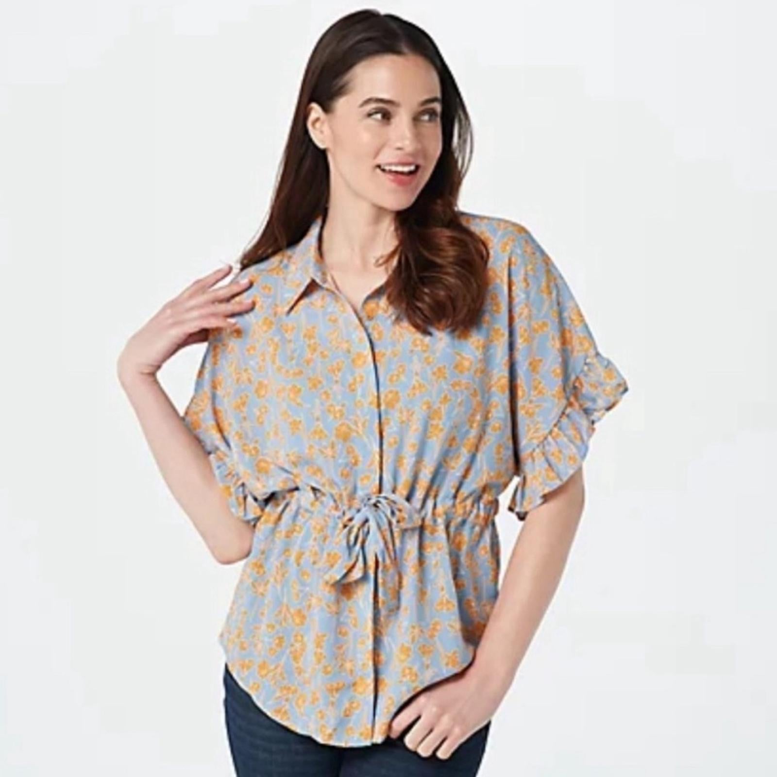 Bishop+Young Blue w/Orange Floral Drawstring Blouse Size M NWT in Packaging