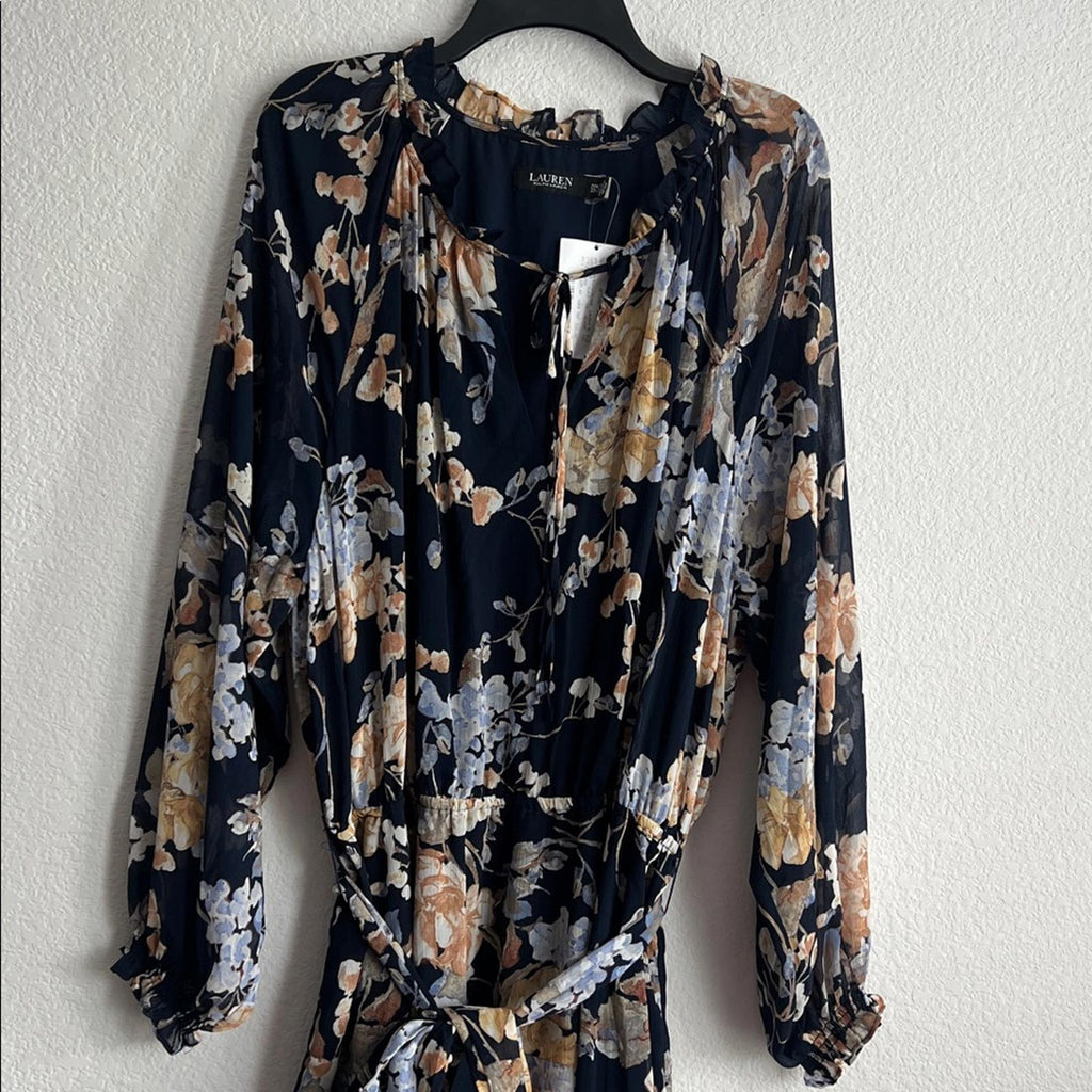Lauren Ralph Lauren Floral Belted Crinkle Georgette Dress, Plus Size 22W NWT