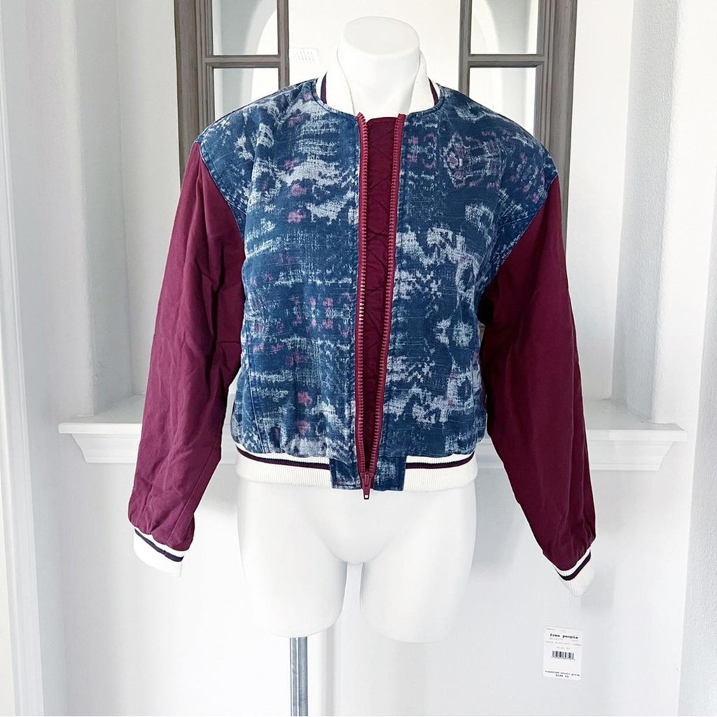 Free People Bomber Jacket, Chambray Navy Electric Cotton Linen Denim Size S NWT