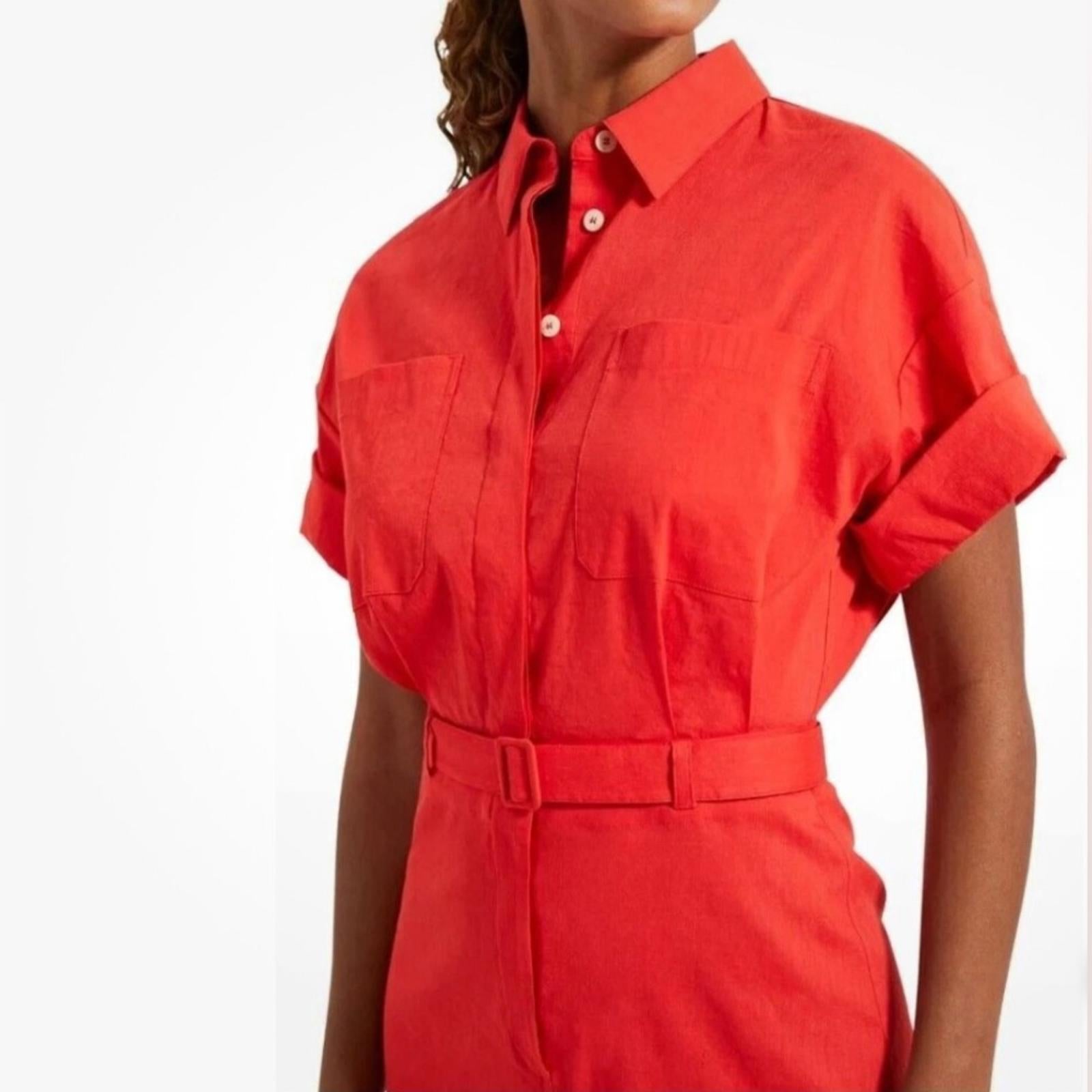 Theory Linen-Blend Eco Crunch Belted Casual Shirt Dress Poppy Red, NWT, Size 4