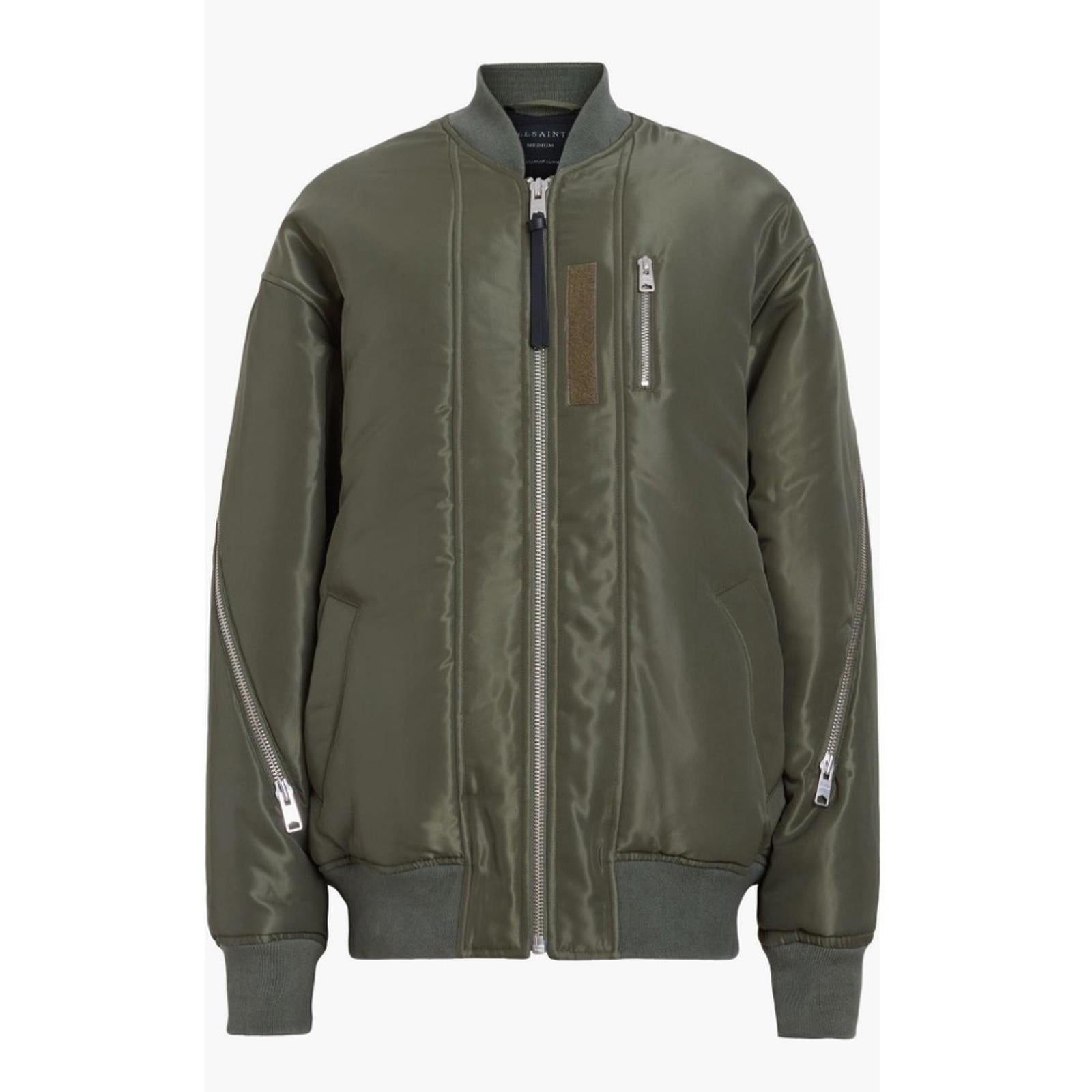 All Saints Scout Ruched Bomber Jacket in Khaki Green, Size L New w/Tag