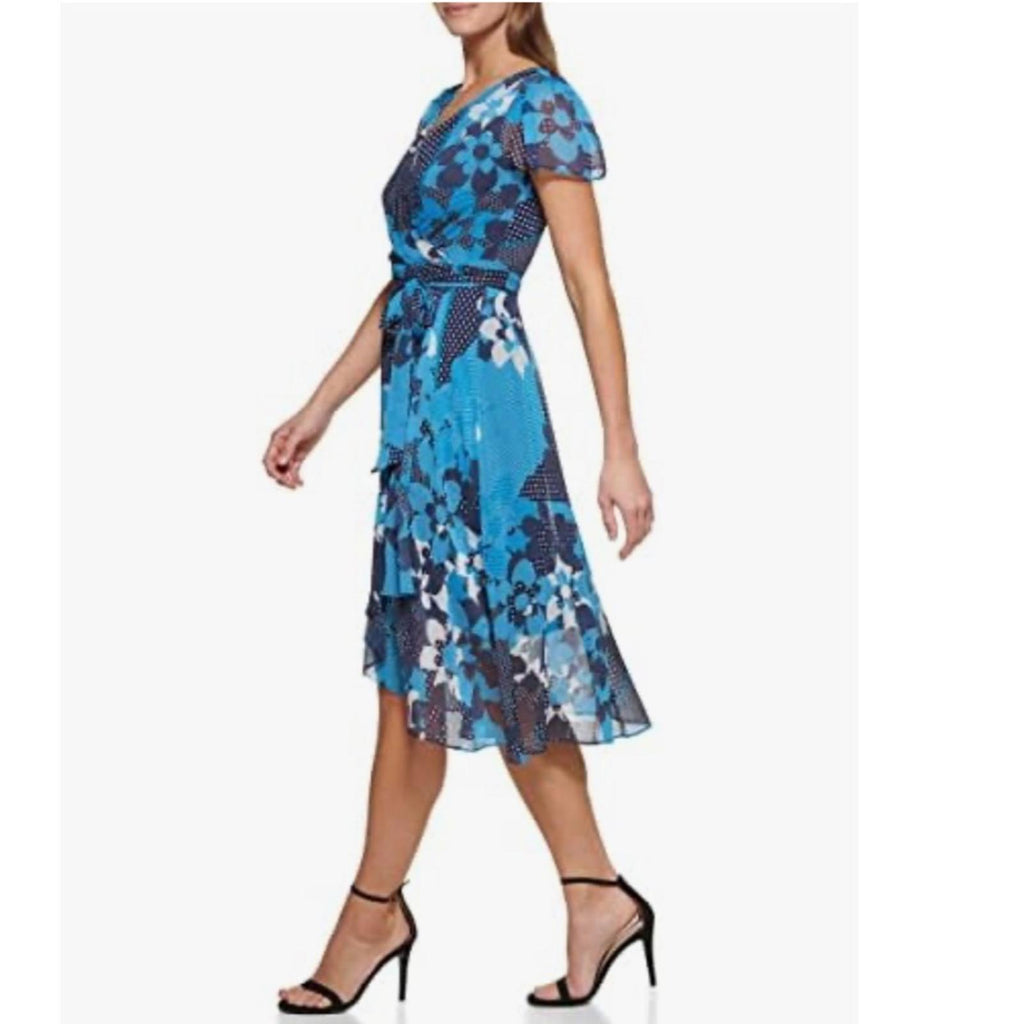 DKNY Faux Wrap Midi Dress in Blue Multi, NWT, Size 14