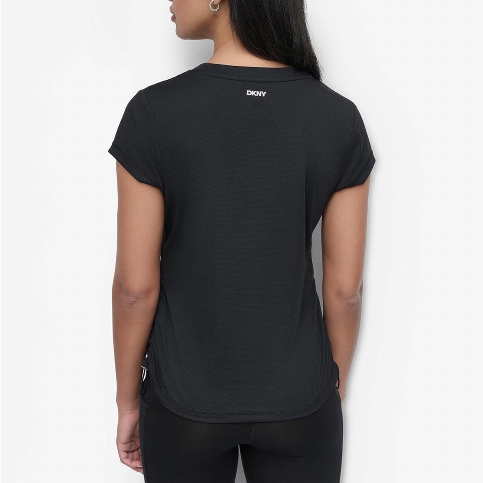 DKNY Tech-Mesh Performance V-Neck Tech Tee w/Ruched Drawcord Side Seams, NWT, M