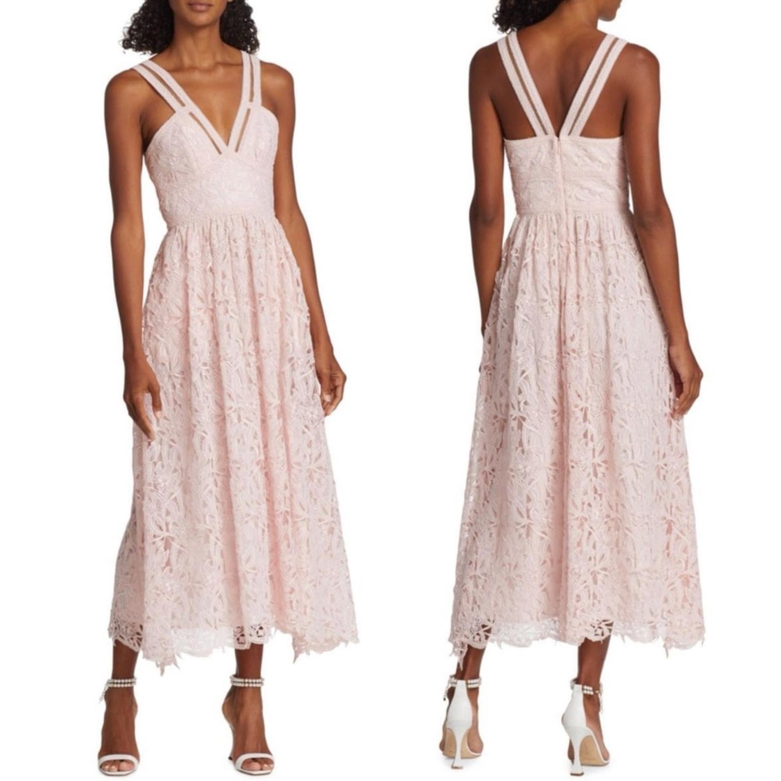 ML Monique Lhuillier Lace Halter Midi Dress in Rose Quartz NWT, Size 10
