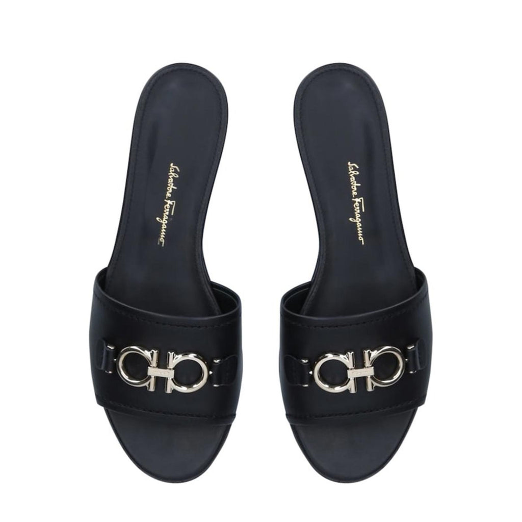 Salvatore Ferragamo Rhodes Slide Sandals in Black/Silver-Tone, NWT, Size 10.5