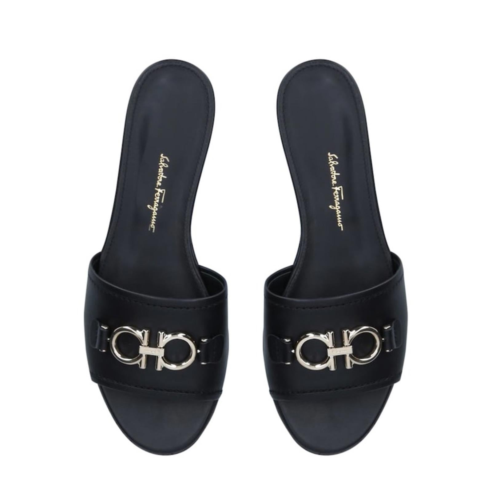 Salvatore Ferragamo Rhodes Slide Sandals in Black/Silver-Tone, NWT, Size 10.5