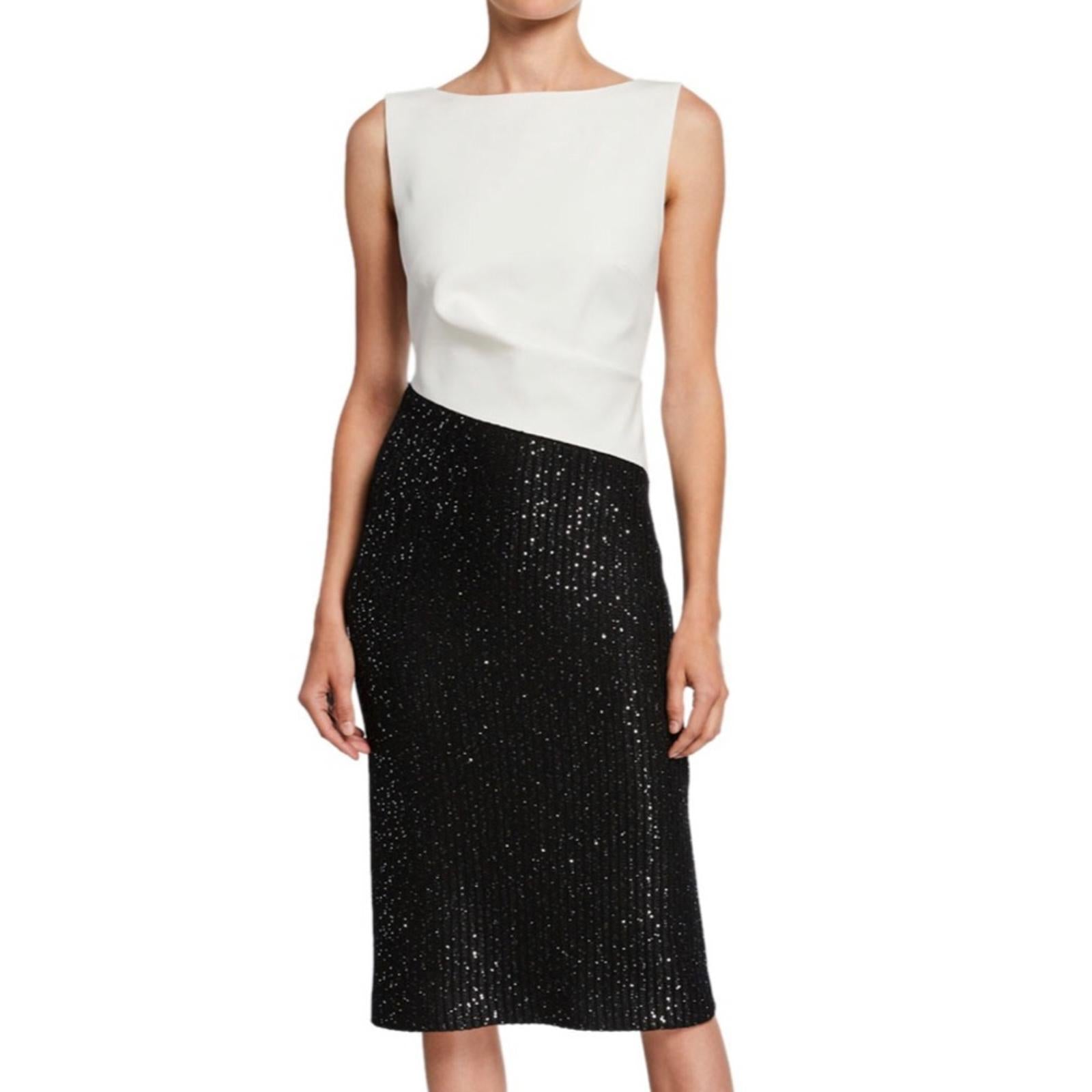 St. John Colorblock Tuxedo Bodice Dress w/Sequin Ribbed Knit, Size 10 NWT $1395
