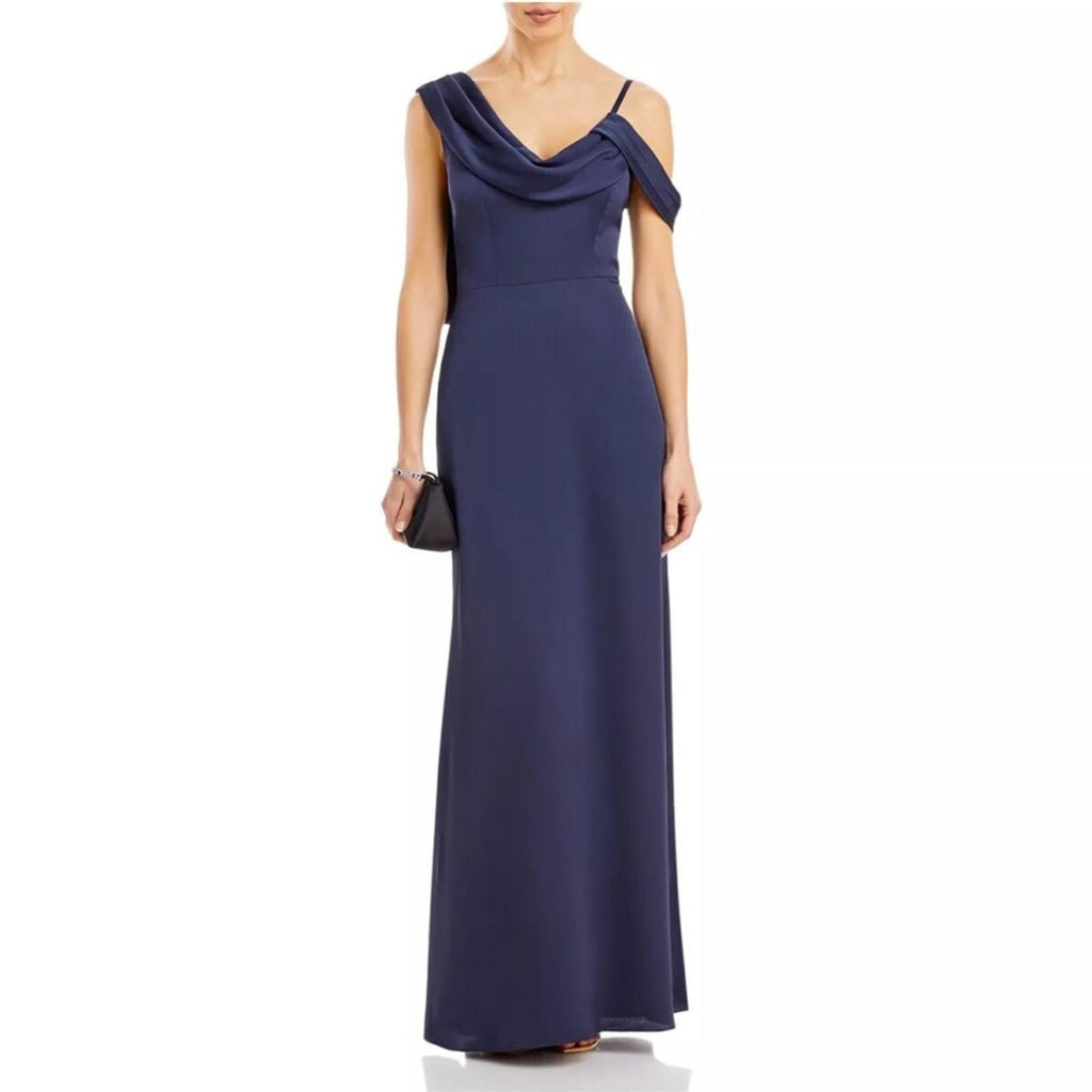 Aqua Asymmetrical Neckline Full-Length Evening Gown in Dark Navy Size 0 NWT $368
