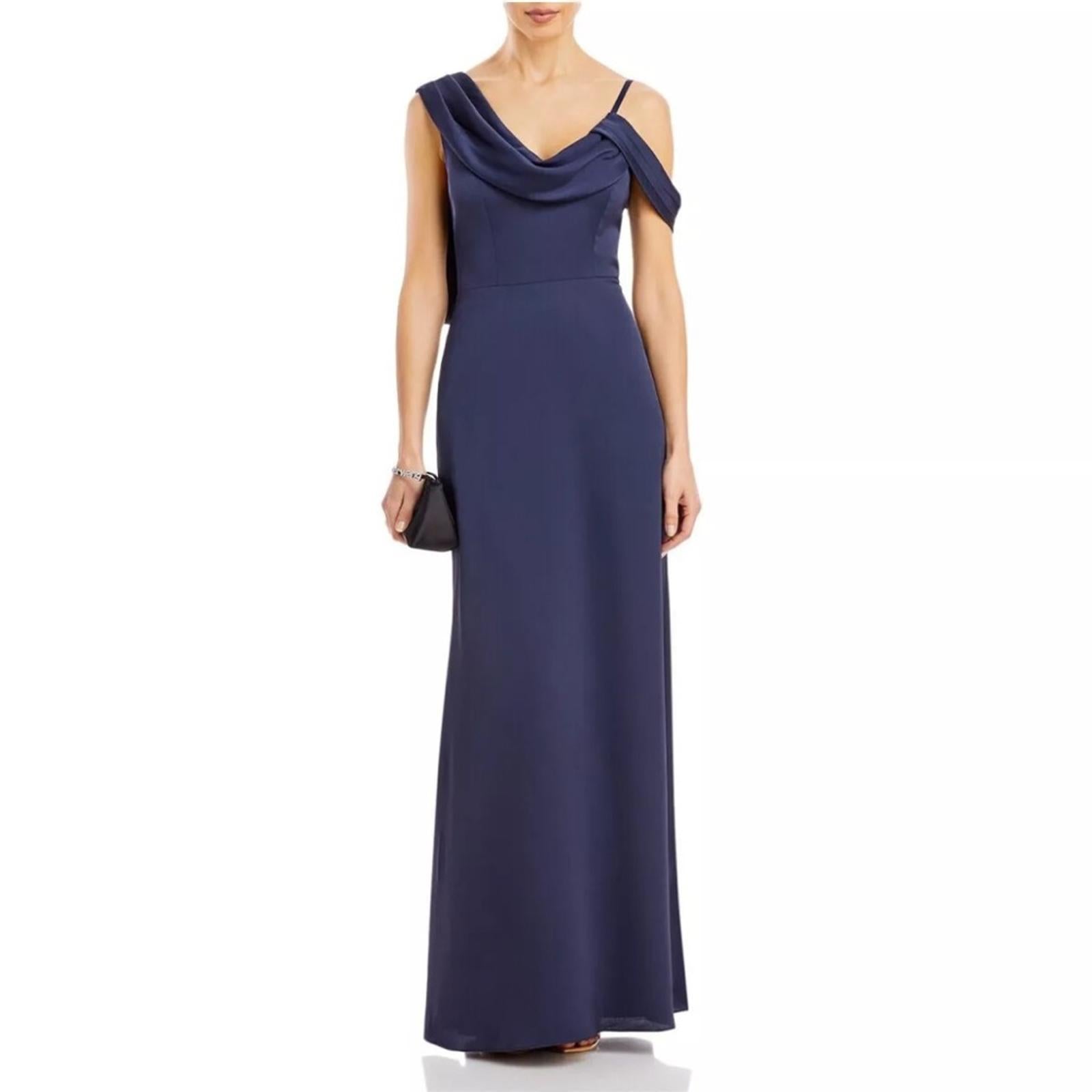 Aqua Asymmetrical Neckline Full-Length Evening Gown in Dark Navy Size 0 NWT $368