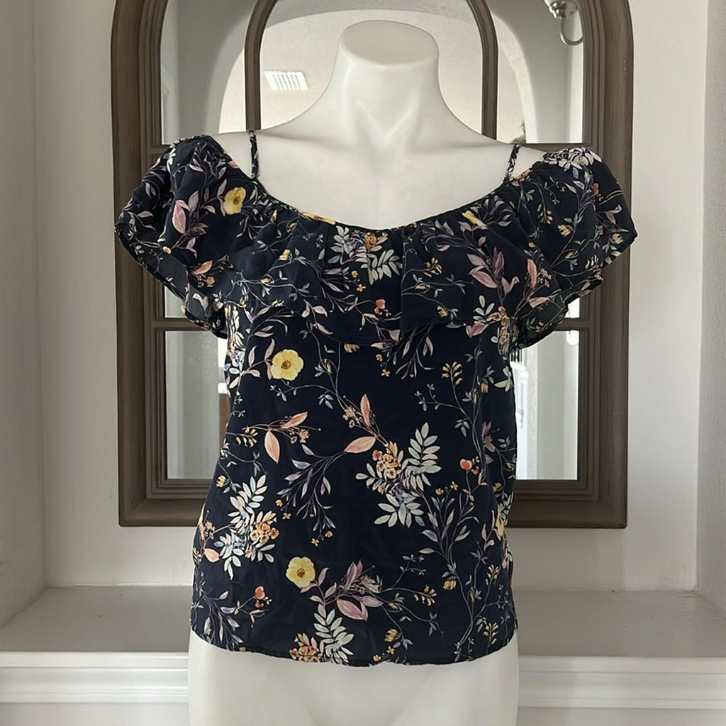 AMOUR VERT 100% Silk Floral Cold Shoulder Blouse, Blue Multi Size XS