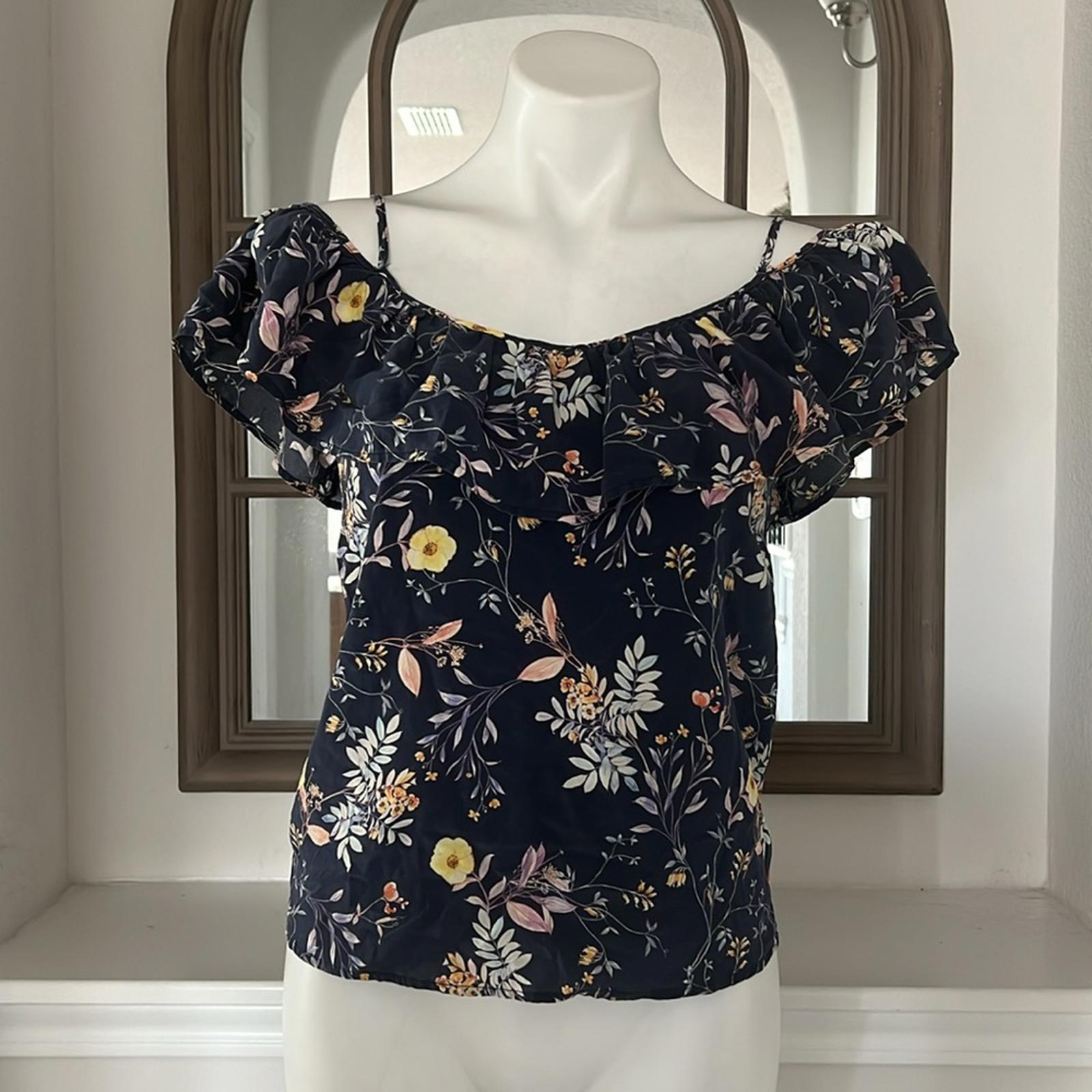 AMOUR VERT 100% Silk Floral Cold Shoulder Blouse, Blue Multi Size XS