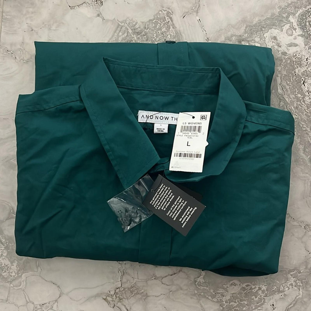 And Now This Poplin Long-Sleeve Wovens Button-Up Shirt, Teal Size L New w/Tag