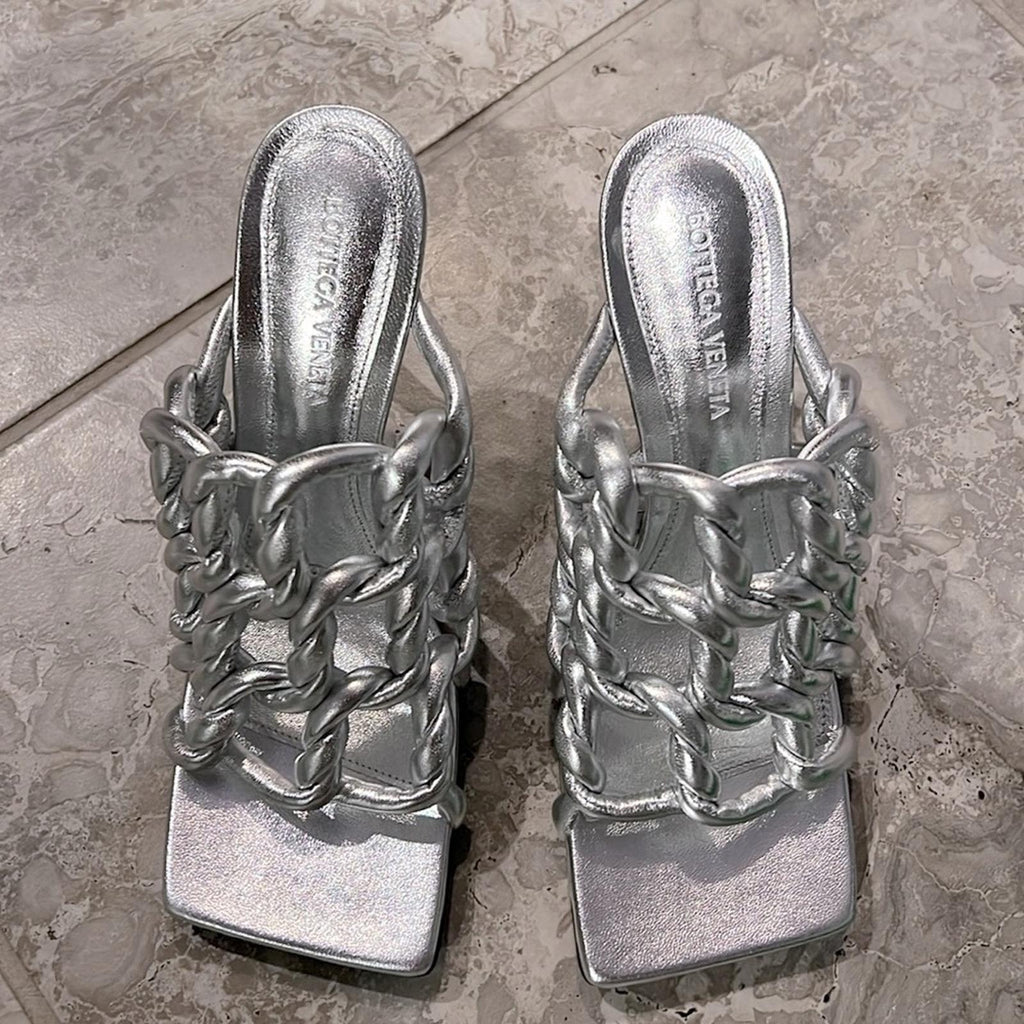 Bottega Veneta Stretch High Heel Slide Sandals in Silver Size 37.5 NEW+2DustBags