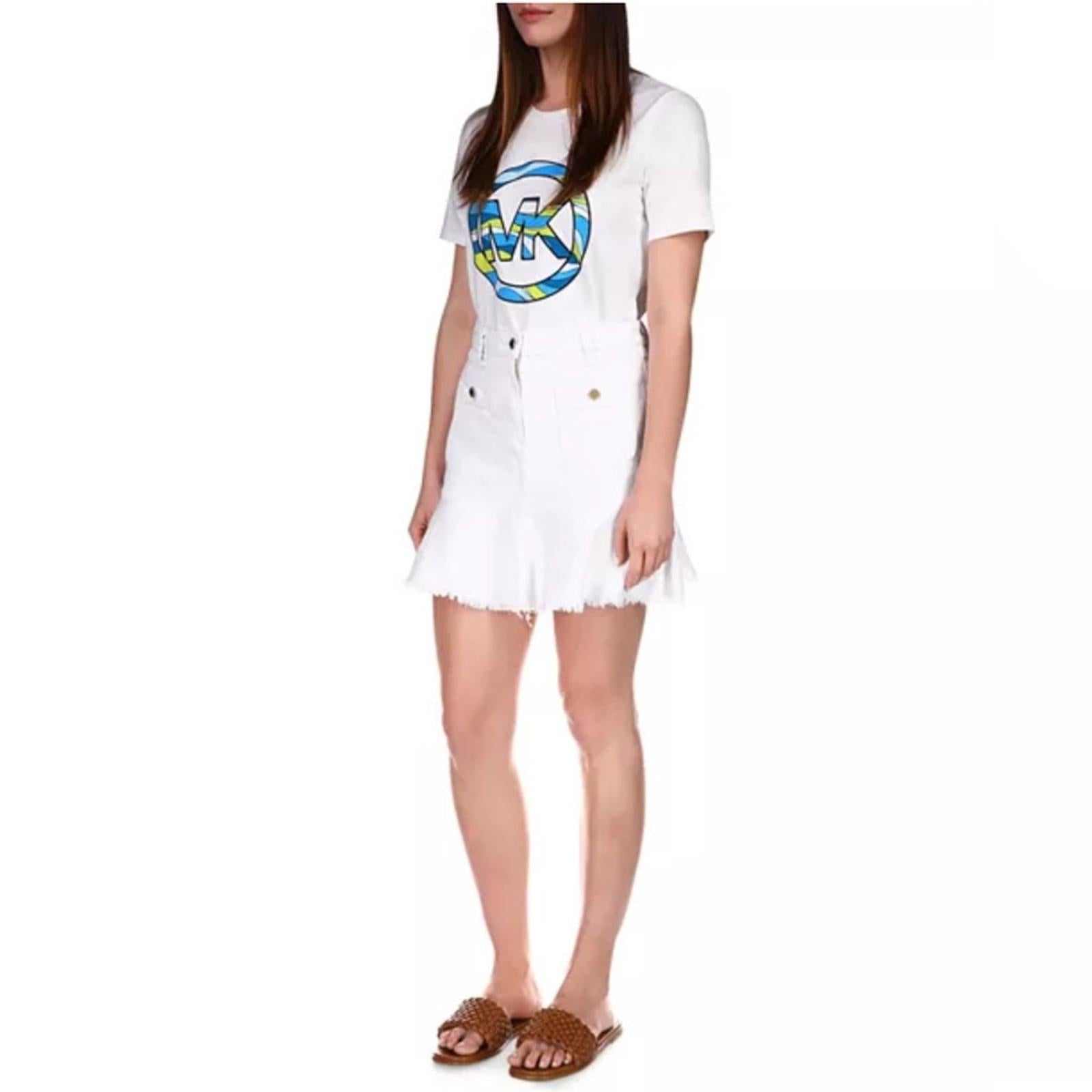 Michael Kors Flounce Denim Skirt in White, NWT, Size 14