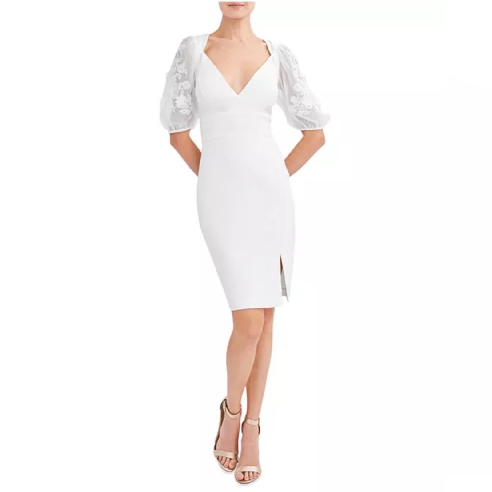 Bcbgmaxazria Embroidered Sleeve Evening Dress in Off-White, Size 12 NWT $298