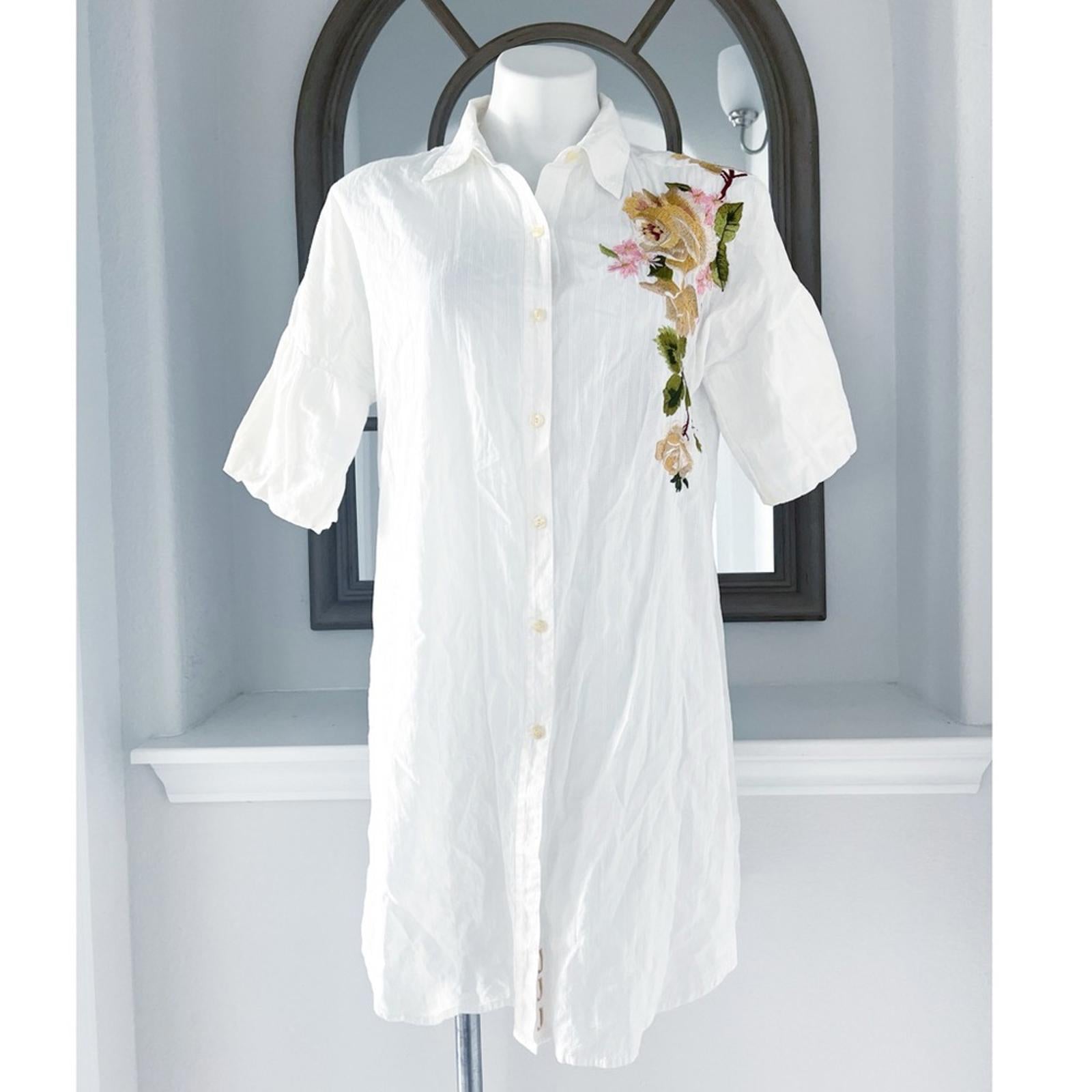 3J by Johnny Was Button Front Shirtdress with Floral Embroidery, White Size L