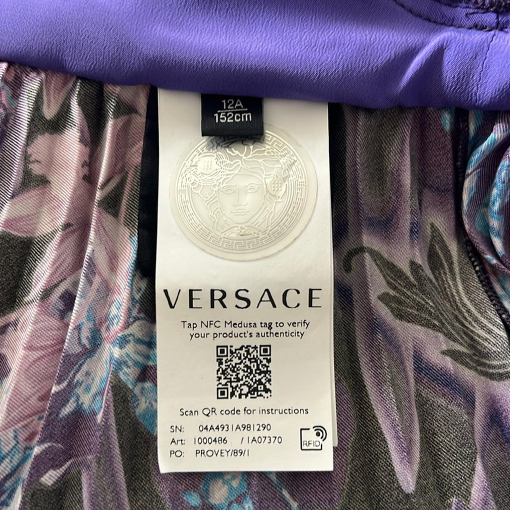 Versace Orchid Barocco Kids Pleated Dress, NWT, Girls Size 12 Retail $795