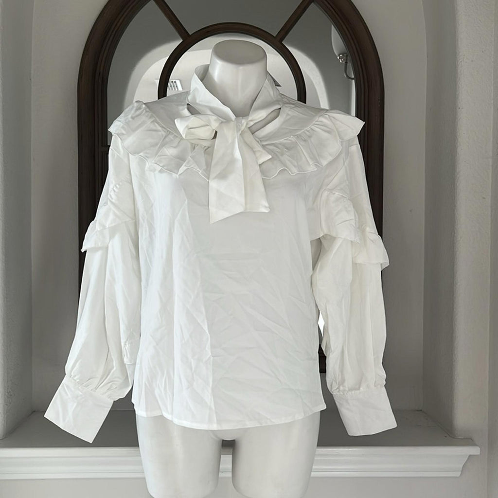 To My Lovers Ruffled Tie Sash Blouse in White, Size S New w/Tag $160
