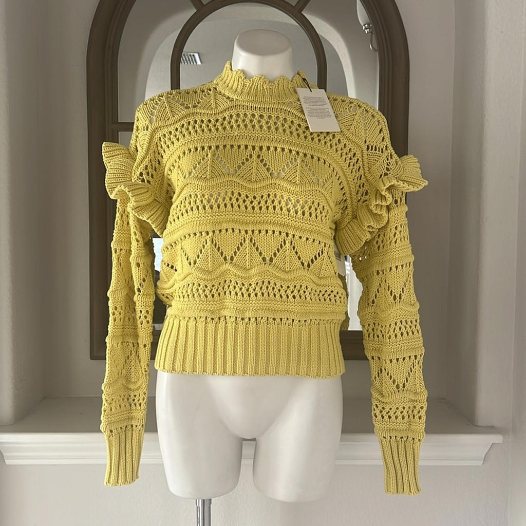 Joie Hockley Scalloped Neck Ruffle Sweater in Canary Yellow, Size XS Retail $278