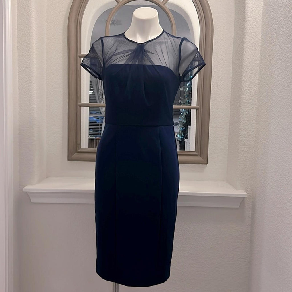 JS Collection Short Sleeve Illusion Cocktail Sheath Dress Navy Size 2 NWT $178