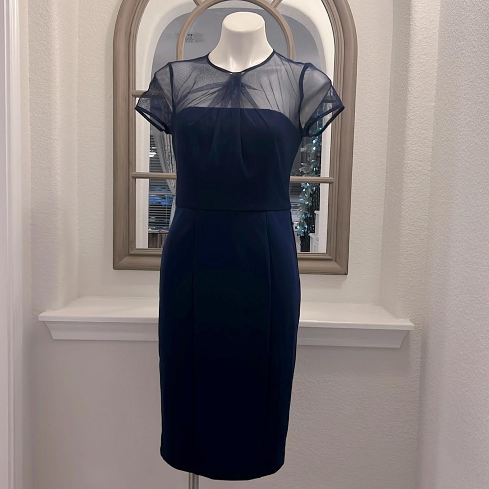 JS Collection Short Sleeve Illusion Cocktail Sheath Dress Navy Size 2 NWT $178
