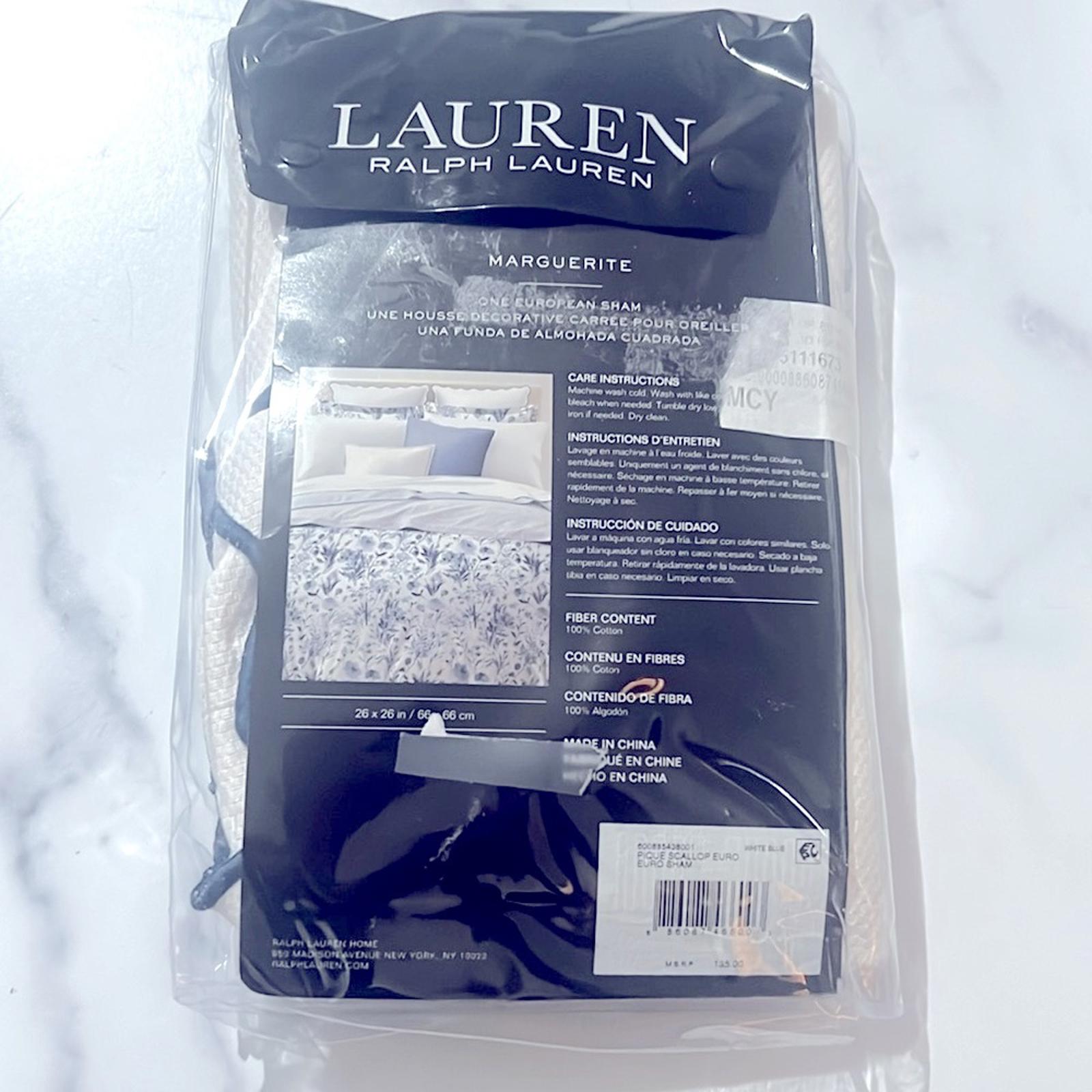 Lauren Ralph Lauren Home Piqué Scallop Euro Sham in White Blue, NEW $135