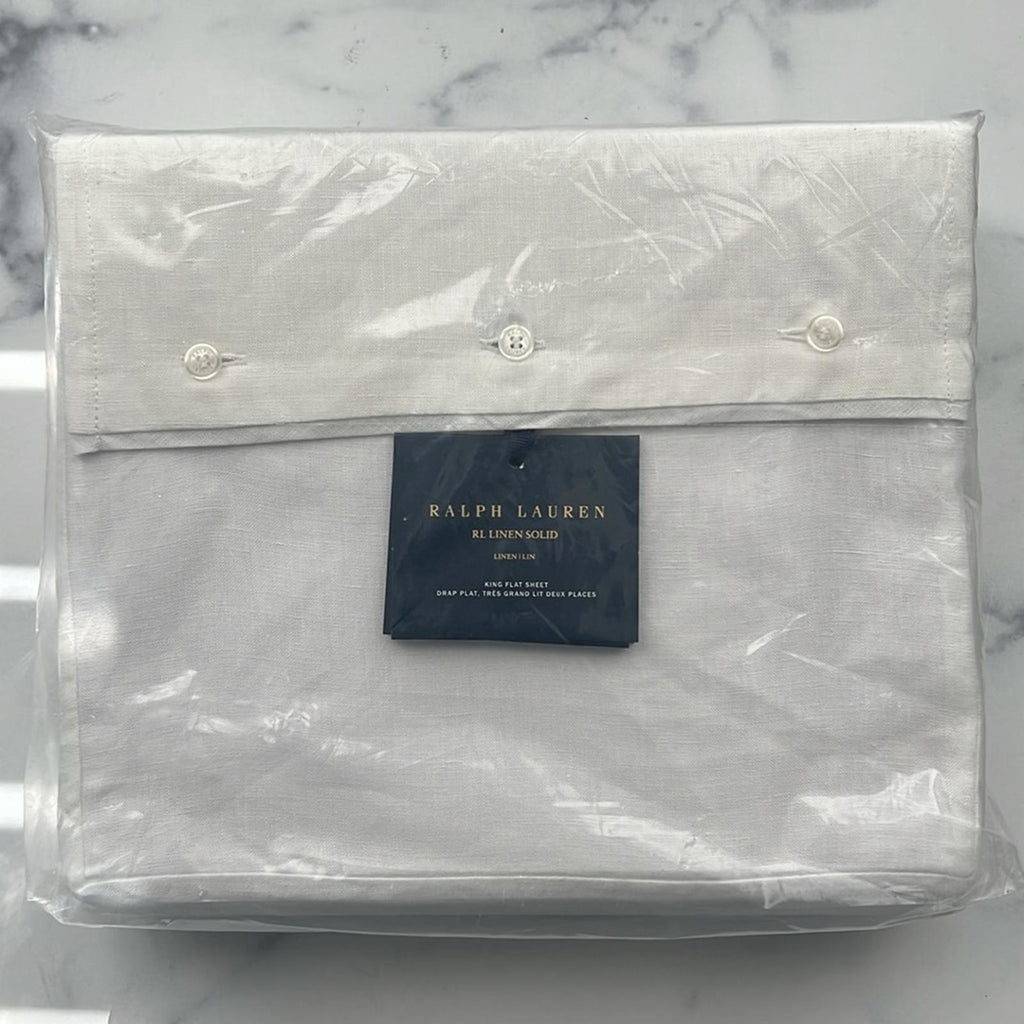 Ralph Lauren RL Linen Solid King Flat Sheet in Tux White, New w/Tag $325