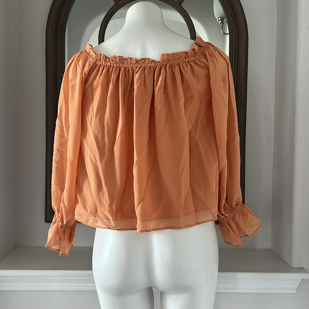 1.State xRevolve Off-The-Shoulder Peplum Blouse in Toasted Nut Size S, New w/Tag
