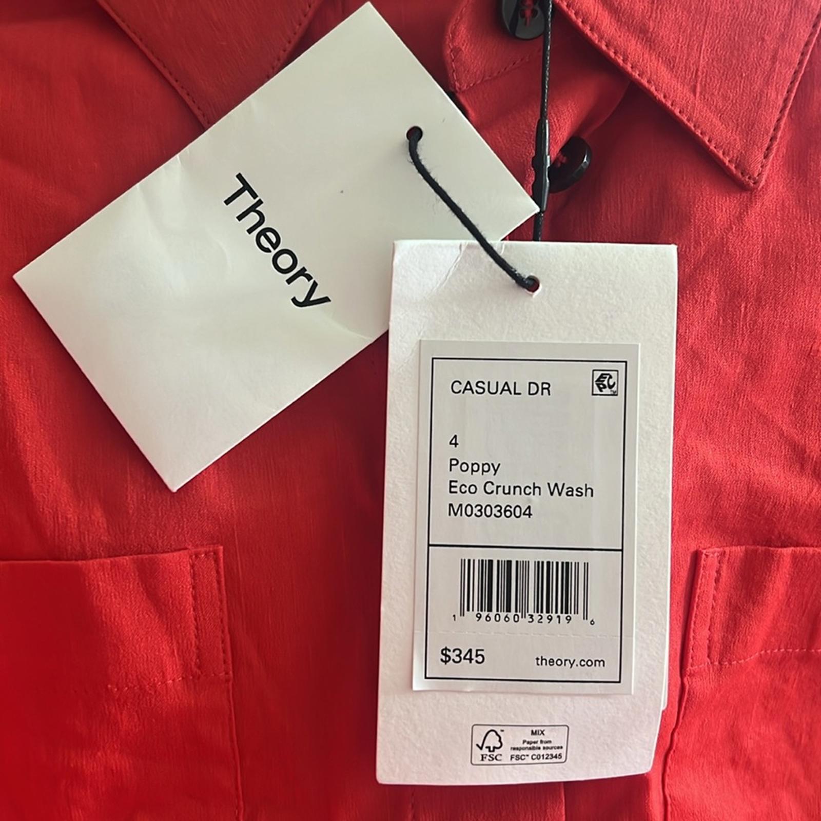 Theory Linen-Blend Eco Crunch Belted Casual Shirt Dress Poppy Red, NWT, Size 4