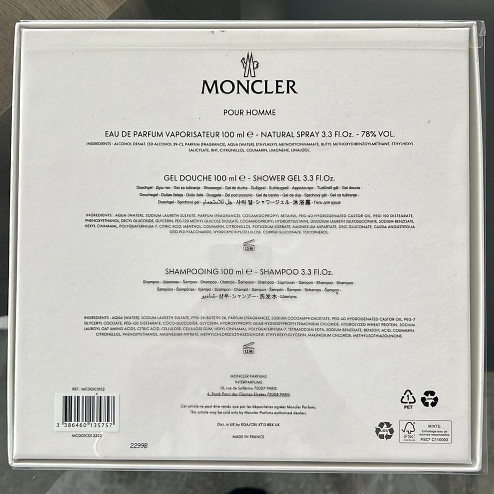 MONCLER Pour Homme 3-Piece Gift Set ForMen (Made in France) New in Box