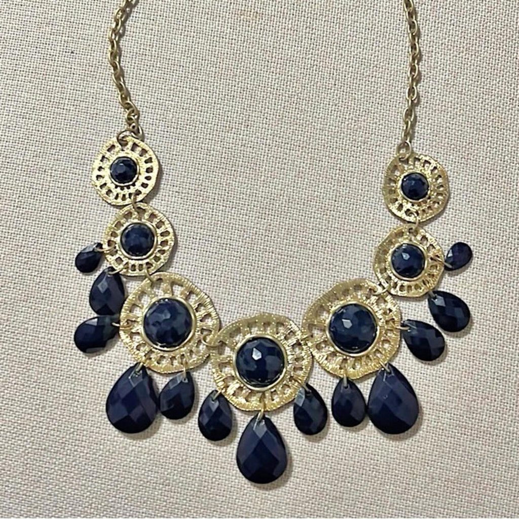 Gold-Tone Chain with Blue Rhinestones Necklace, Pristine Condition