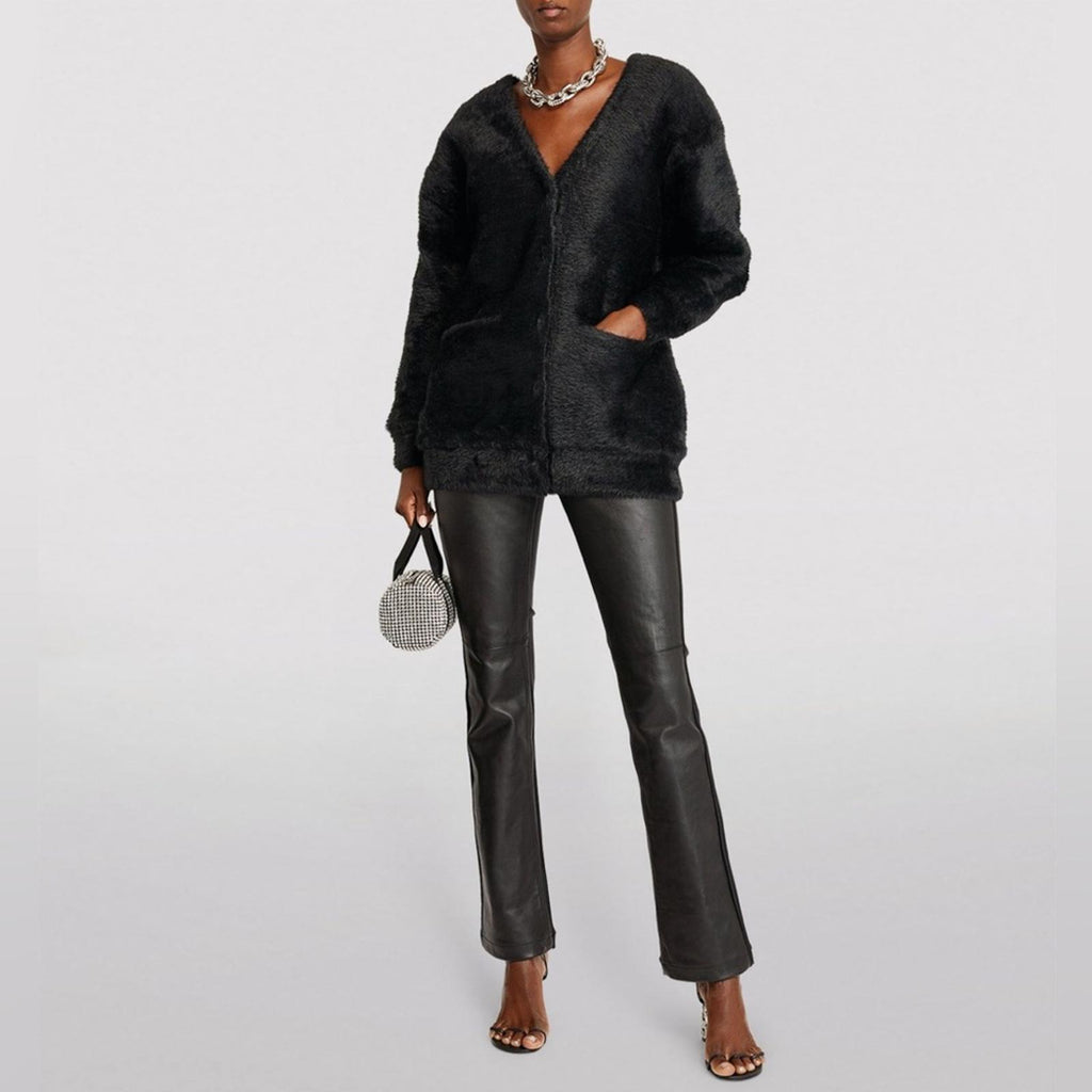 New ALEXANDER WANG V-Neck Faux Fur Cardigan w/Quilted Lining in Black Size L NWT