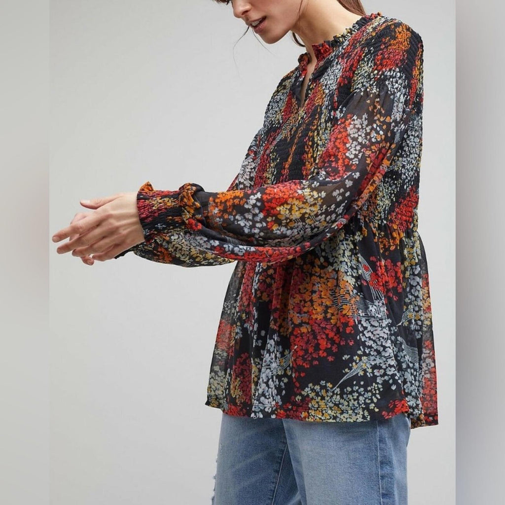 Anthropologie Akemi + Kin Balloon Sleeve Floral Chiffon Smocked Top Size S