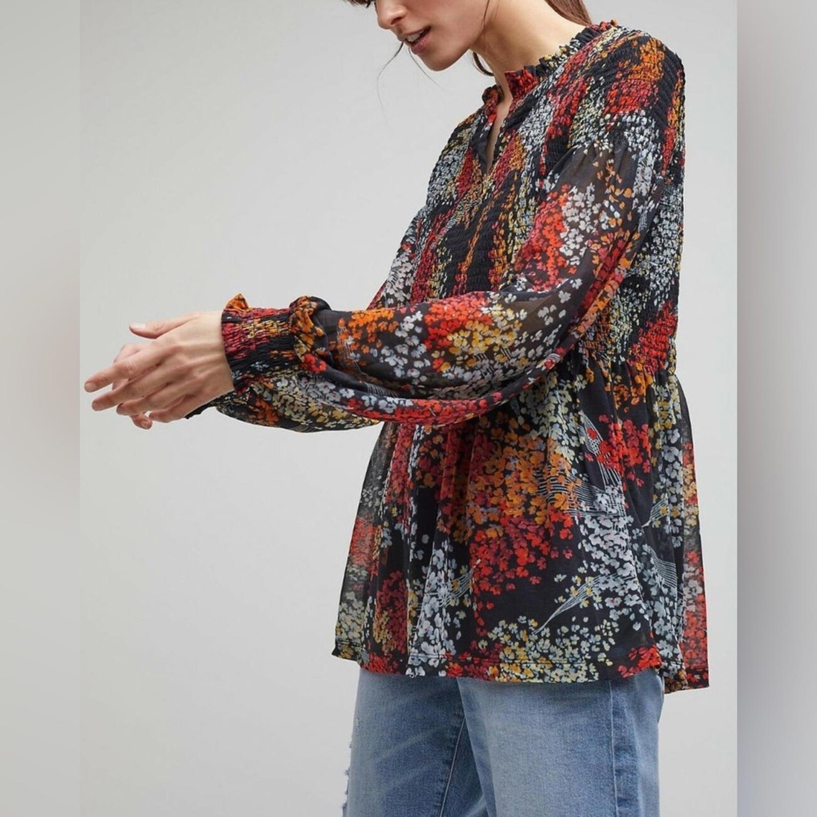 Anthropologie Akemi + Kin Balloon Sleeve Floral Chiffon Smocked Top Size S
