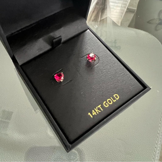 14K Gold Heart-Shaped Fuchsia Pink Stud Earrings New in Box